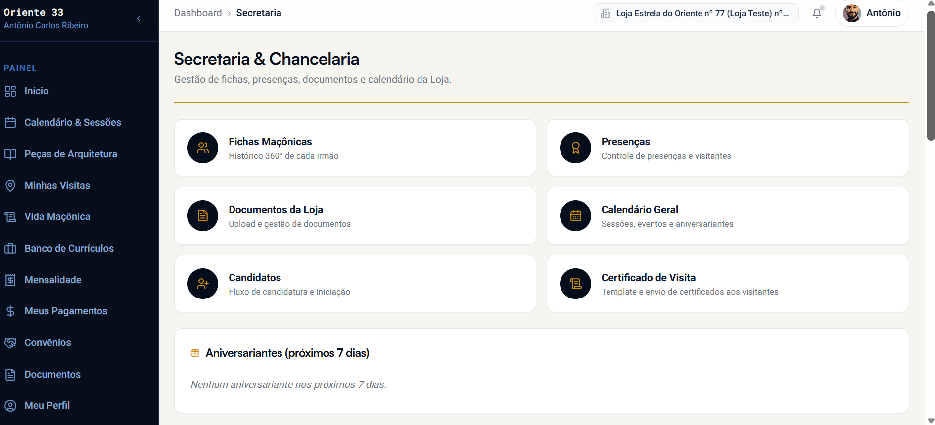 Área de Secretaria e Chancelaria: fichas, presenças, documentos e calendário